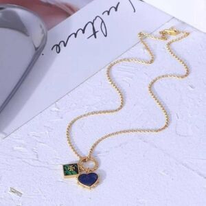 NWOT Tory Burch Gold Green Enamel Square, Blue Lapis Heart 18 in. Neckla…